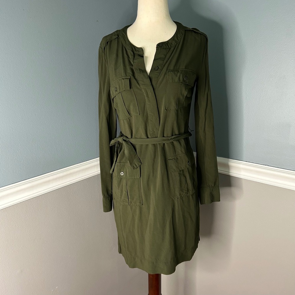 Banana Republic Olive Green Utility Shirt Dress Long Roll Tab Sleeve‎ Size 0